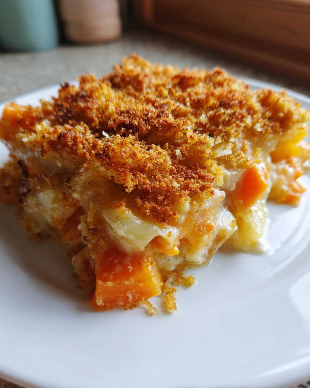 A close-up serving of Rich Winter Vegetable Casserole featuring soft orange sweet potatoes and white potatoes in a creamy sauce, topped with golden breadcrumbs.