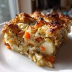 A close-up serving of Rich Winter Vegetable Casserole with visible chunks of potato and carrot, featuring a browned, crusty top.