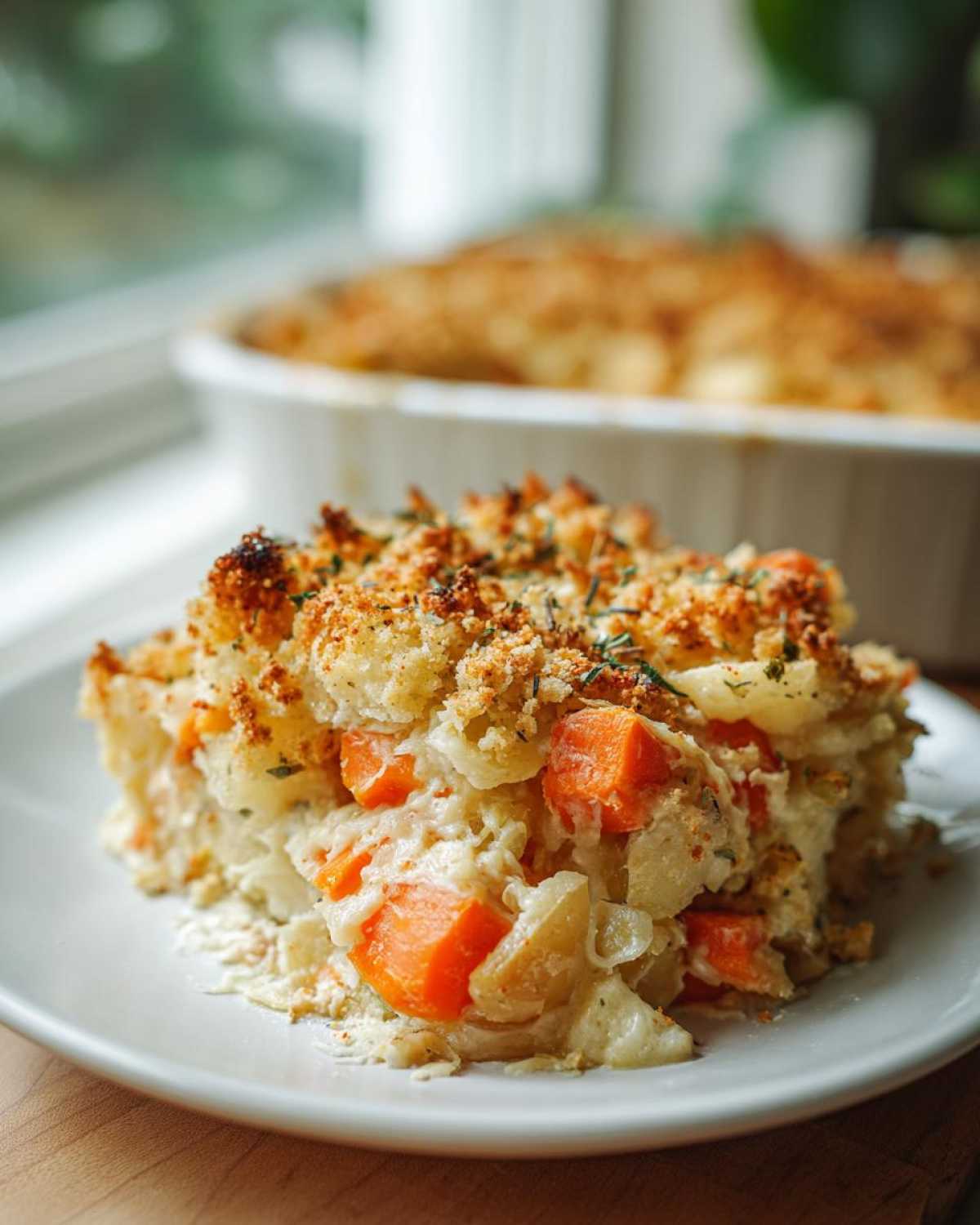 A close-up serving of Rich Winter Vegetable Casserole featuring creamy sauce, chunks of carrots, and a golden, herbed crumb topping.