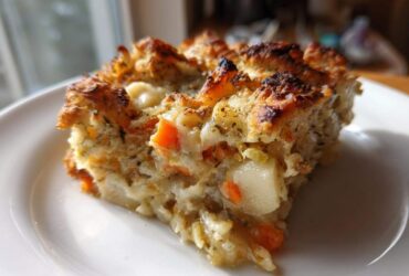A close-up serving of Rich Winter Vegetable Casserole with visible chunks of potato and carrot, featuring a browned, crusty top.