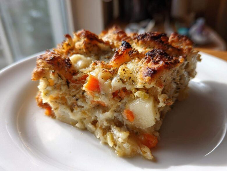 A close-up serving of Rich Winter Vegetable Casserole with visible chunks of potato and carrot, featuring a browned, crusty top.