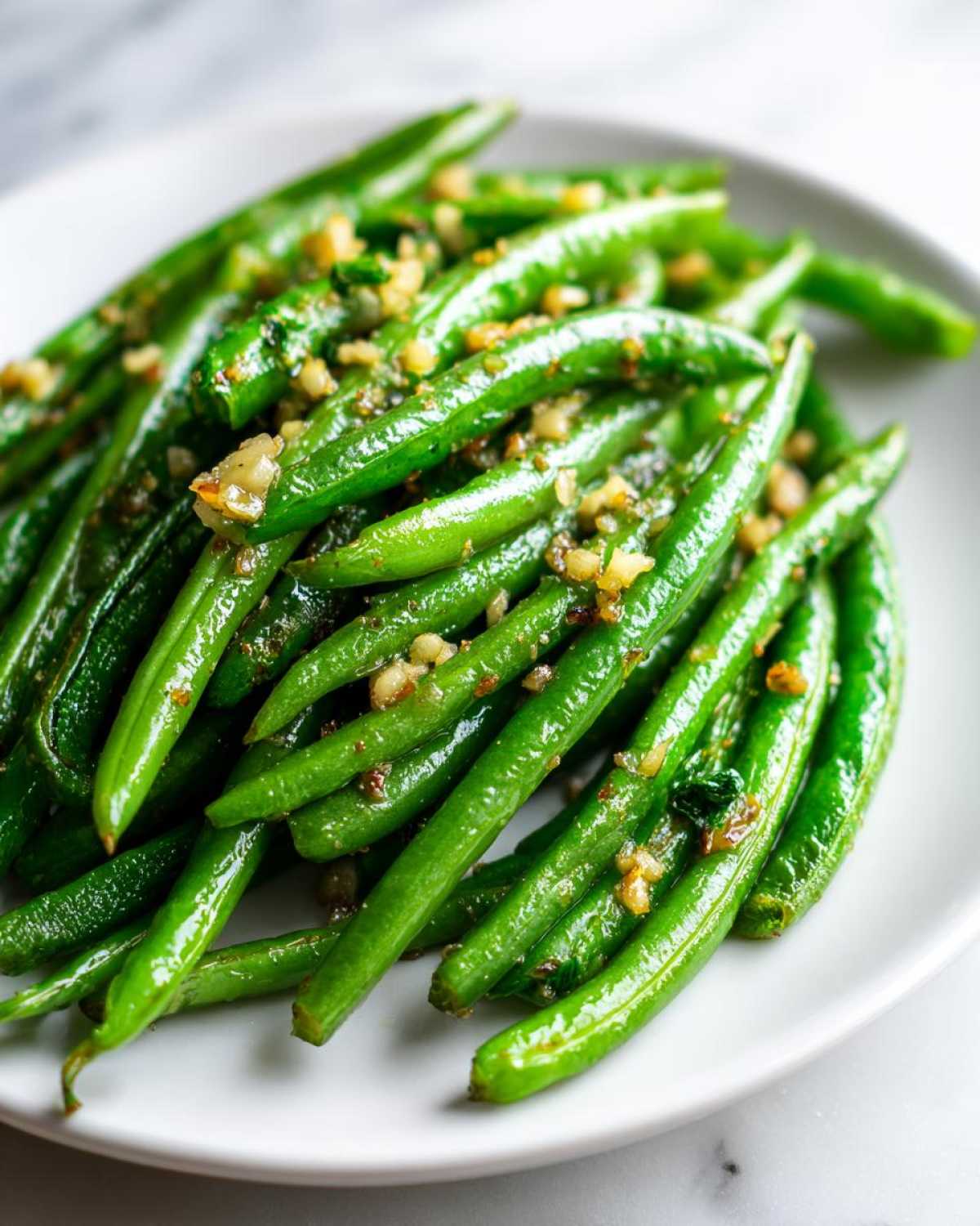 Vibrant green beans tossed with minced roasted garlic served on a white plate.