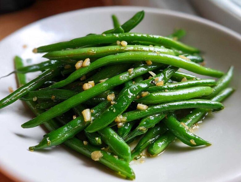 A close-up of vibrant green beans tossed with minced garlic, ready to serve.
