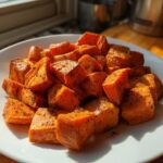 A close-up of perfectly seasoned and cubed Roasted Sweet Potatoes piled on a white plate, highlighted by sunlight.