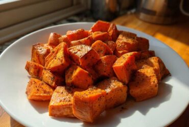 A close-up of perfectly seasoned and cubed Roasted Sweet Potatoes piled on a white plate, highlighted by sunlight.