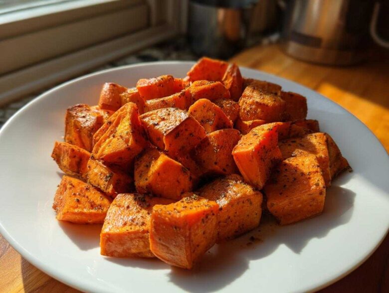 A close-up of perfectly seasoned and cubed Roasted Sweet Potatoes piled on a white plate, highlighted by sunlight.