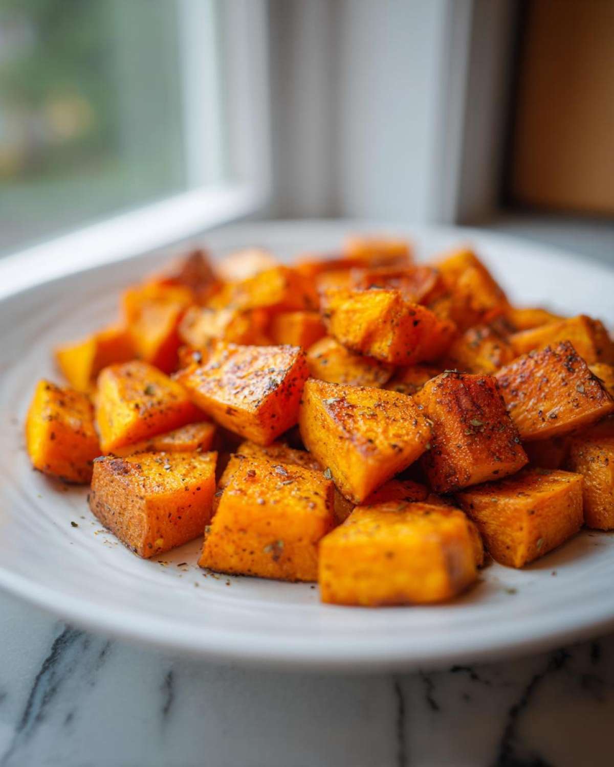 Close-up of perfectly seasoned and caramelized Roasted Sweet Potatoes cubes served on a white plate.