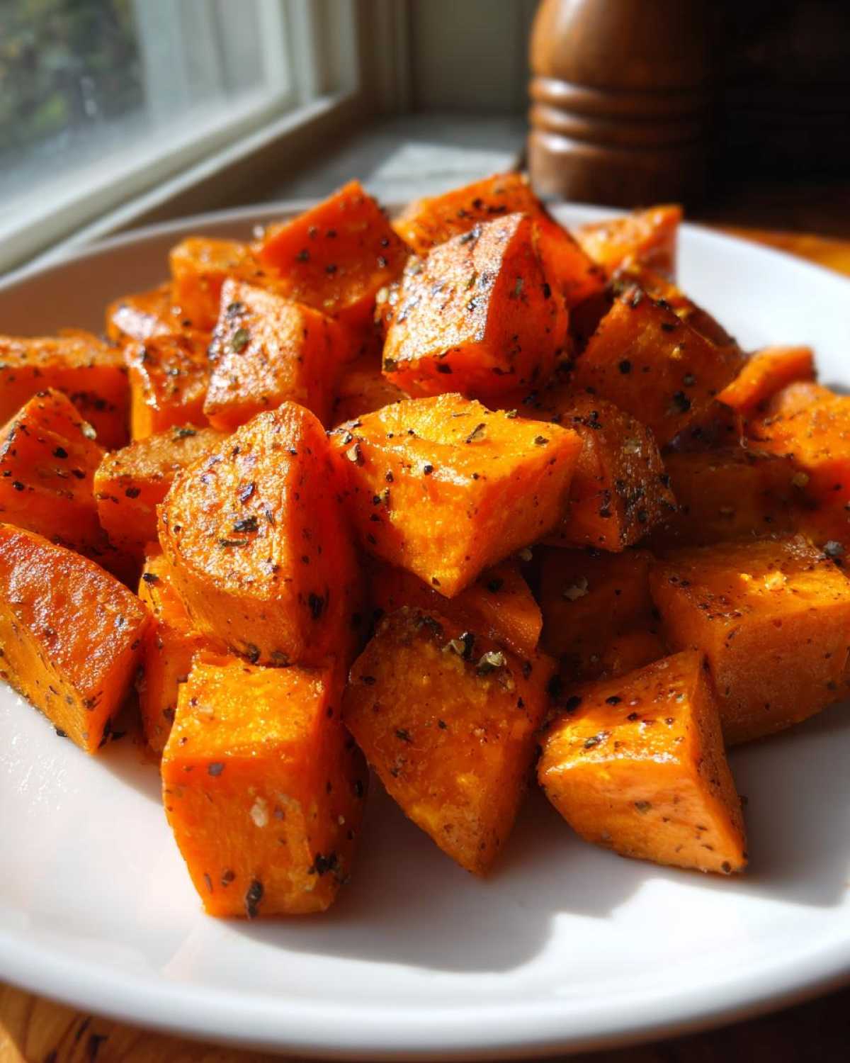 A close-up of bright orange, cubed Roasted Sweet Potatoes seasoned with herbs and pepper on a white plate.