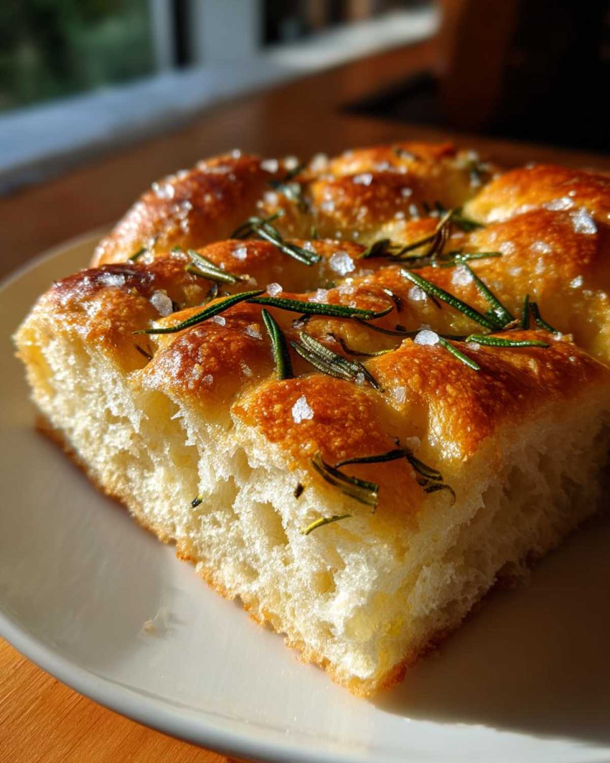 Close-up of a fluffy slice of Rosemary Sea Salt Focaccia, showcasing its airy crumb and glistening, salted top.