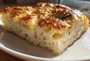 A close-up cross-section of fluffy Rosemary Sea Salt Focaccia showing its airy crumb structure and golden, salty top.