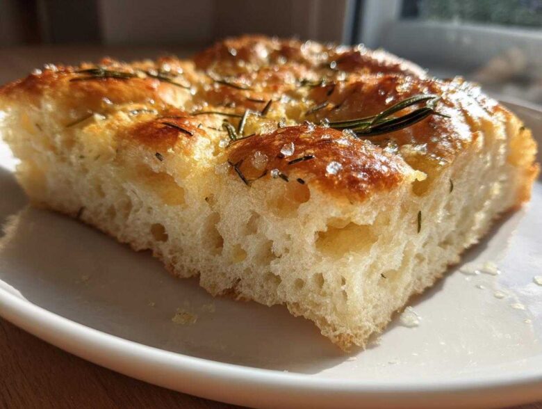 A close-up cross-section of fluffy Rosemary Sea Salt Focaccia showing its airy crumb structure and golden, salty top.