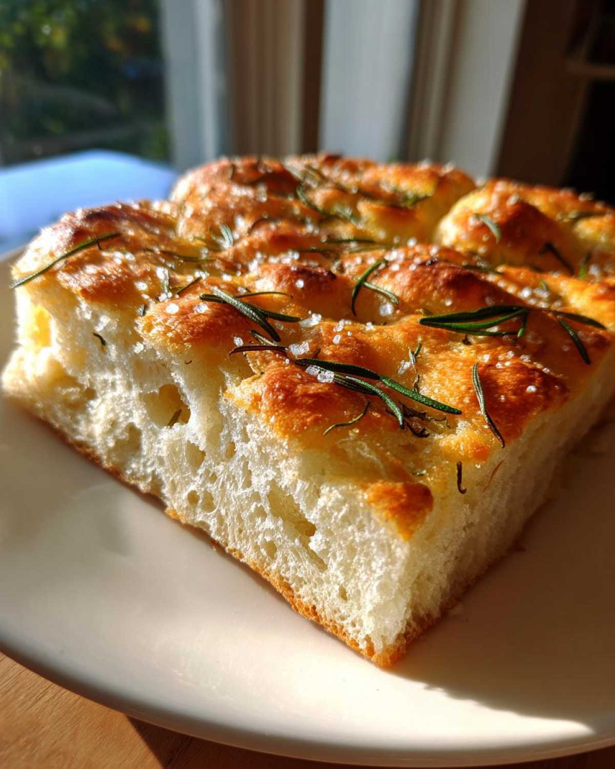 A thick slice of golden Rosemary Sea Salt Focaccia showing its airy interior, topped with fresh rosemary and coarse salt.