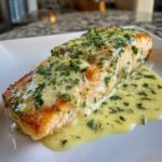 A perfectly cooked fillet of Salmon with Lemon Cream Sauce, topped generously with fresh parsley.