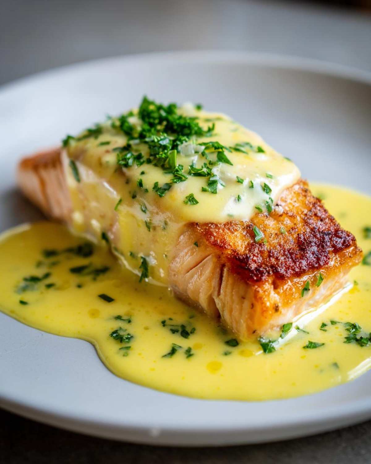 A perfectly cooked fillet of salmon topped with rich lemon cream sauce and fresh parsley.