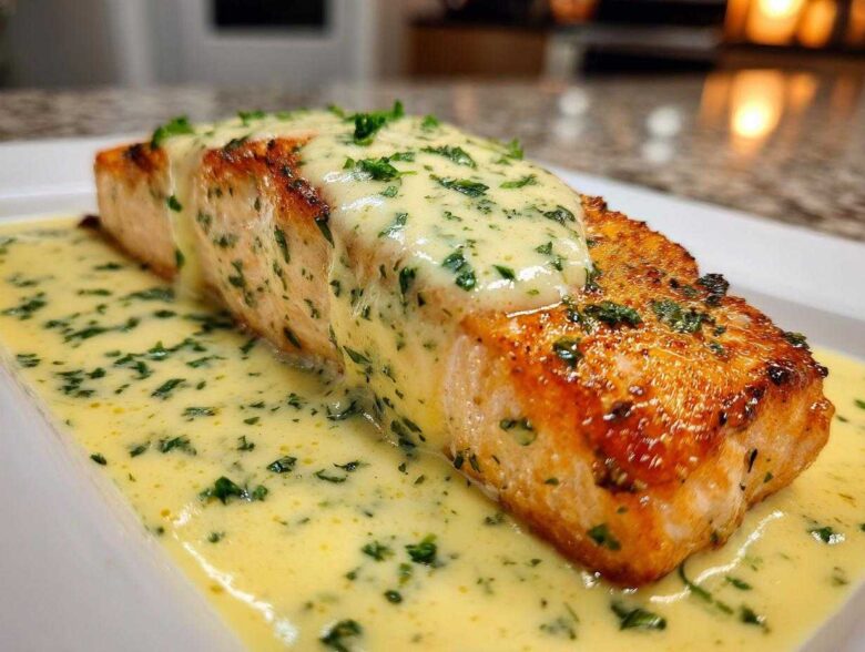 A beautifully seared fillet of salmon topped with rich lemon cream sauce and fresh parsley.
