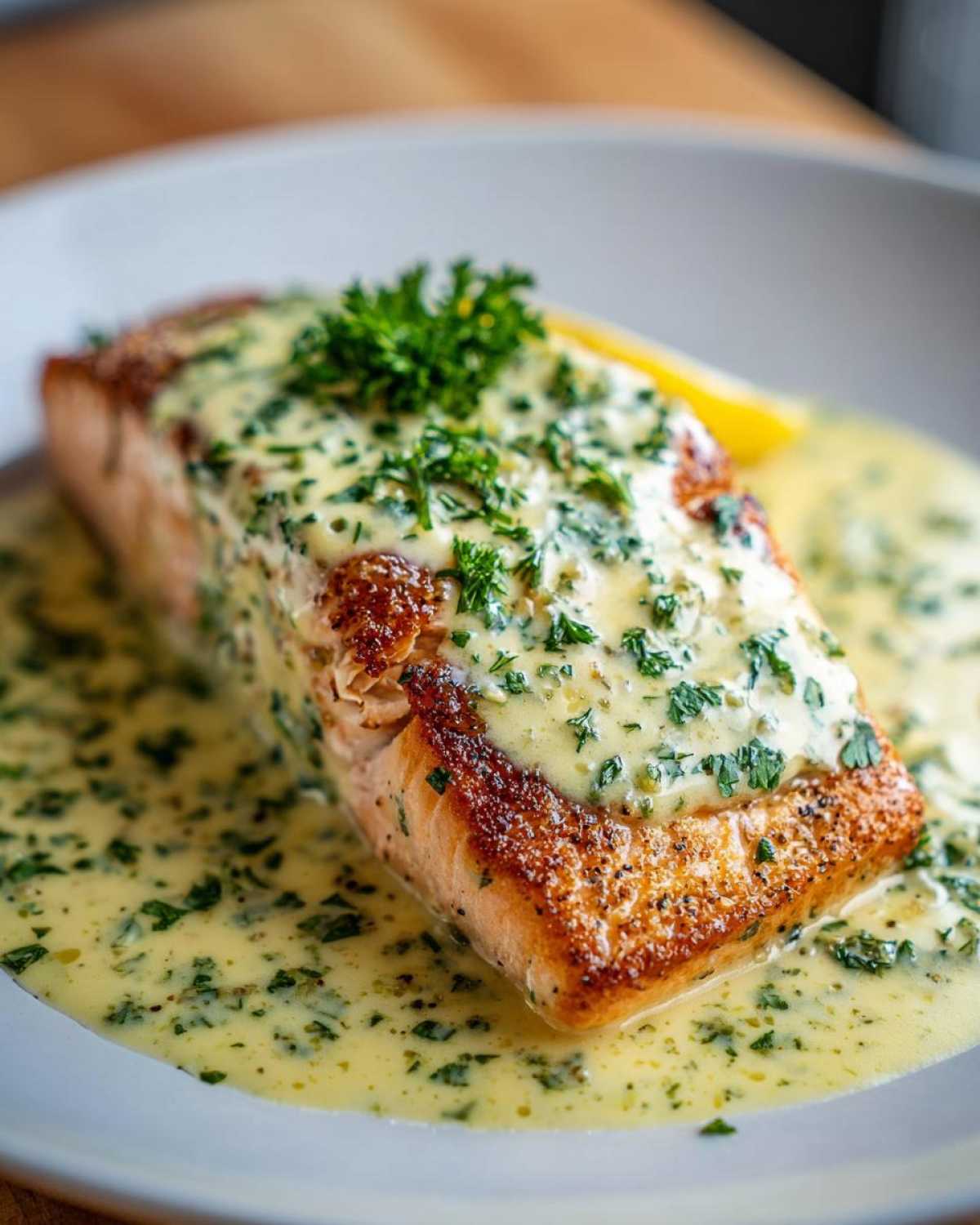Close-up of a perfectly seared fillet of Salmon with Lemon Cream Sauce topped with fresh parsley.