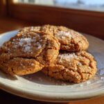 Three golden brown Salted Honey Cookies stacked slightly on a light plate, generously topped with flaky sea salt crystals.