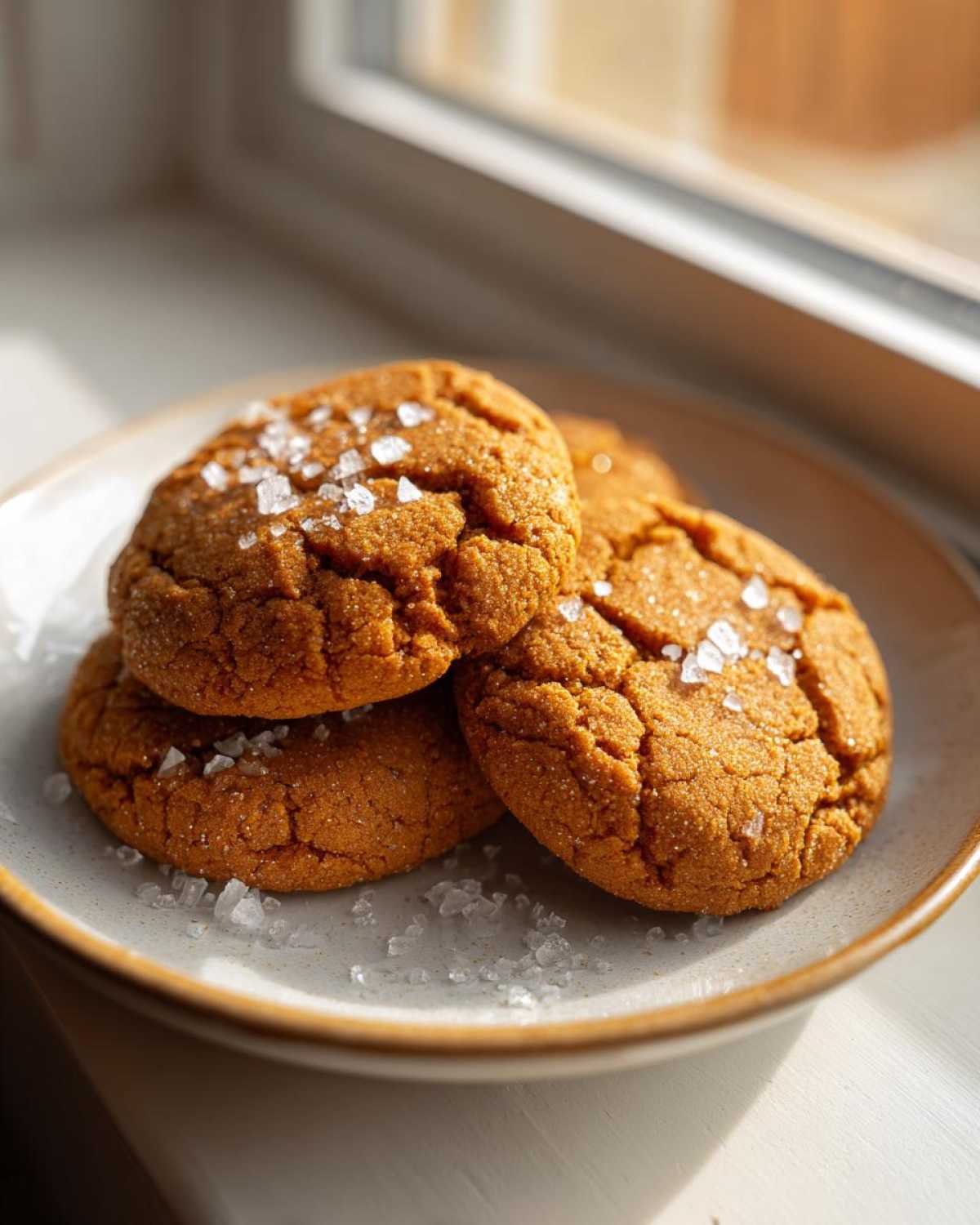 A stack of three golden brown Salted Honey Cookies topped with large flakes of sea salt, resting on a light plate.