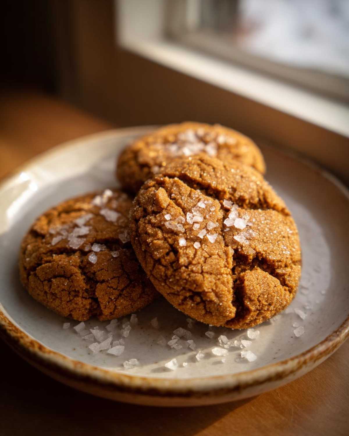 Three rich brown Salted Honey Cookies topped with large flakes of sea salt, resting on a ceramic plate.