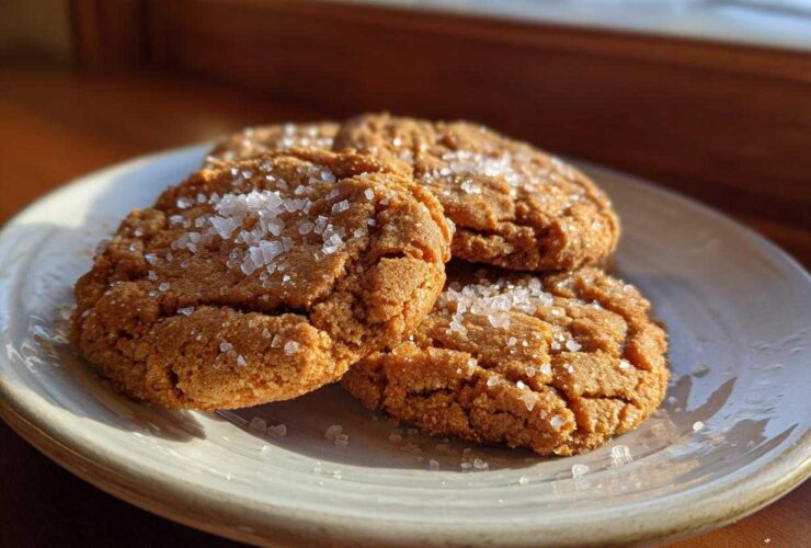 Three golden brown Salted Honey Cookies stacked slightly on a light plate, generously topped with flaky sea salt crystals.