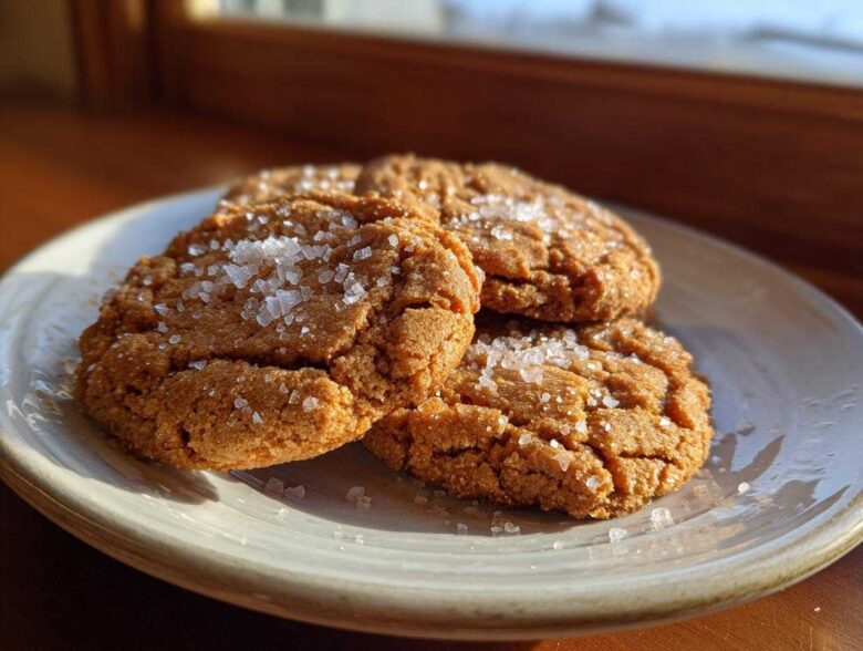 Three golden brown Salted Honey Cookies stacked slightly on a light plate, generously topped with flaky sea salt crystals.