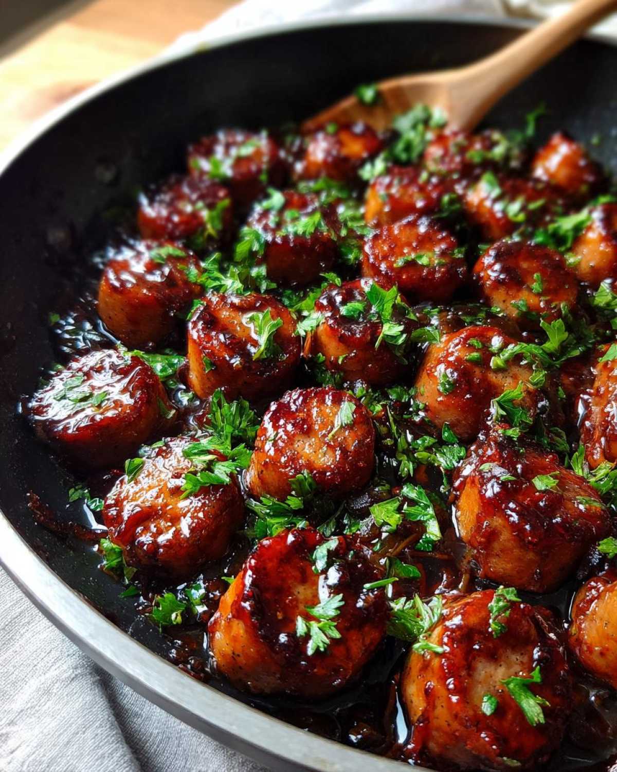 Close-up of sausage pieces coated in a dark, sticky honey garlic glaze, garnished with fresh parsley.