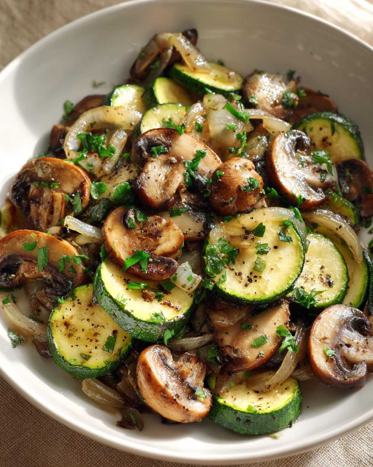 A close-up bowl of perfectly Sauteed Zucchini Mushrooms and Onions, garnished with black pepper and fresh parsley.