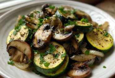 A close-up of freshly Sauteed Zucchini Mushrooms and Onions seasoned with pepper and parsley on a white plate.