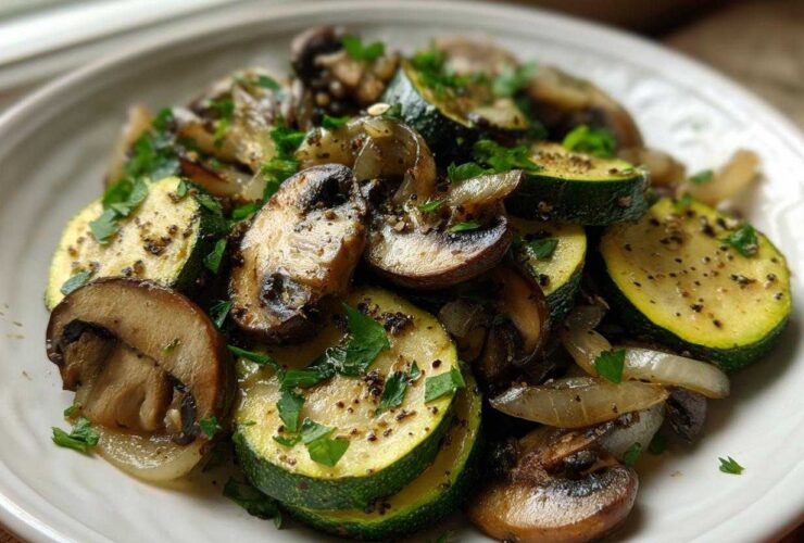 A close-up of freshly Sauteed Zucchini Mushrooms and Onions seasoned with pepper and parsley on a white plate.