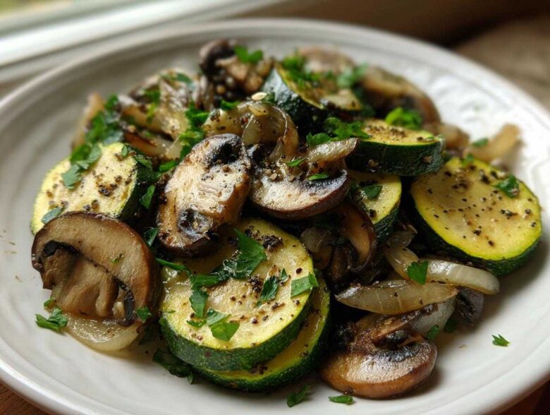 A close-up of freshly Sauteed Zucchini Mushrooms and Onions seasoned with pepper and parsley on a white plate.