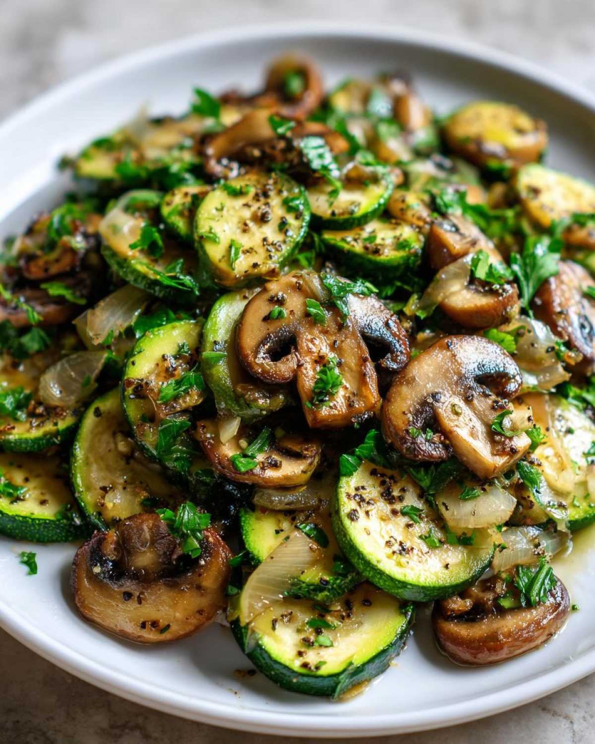 A close-up of perfectly Sauteed Zucchini Mushrooms and Onions garnished with fresh parsley and black pepper.