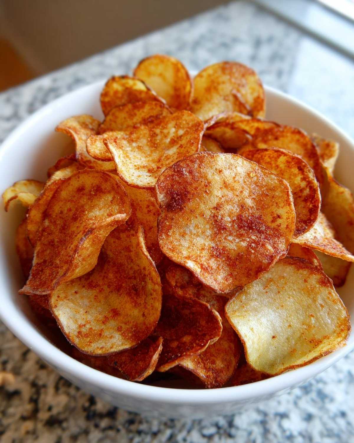 Close-up of a white bowl filled with crispy, seasoned Air Fryer Potato Chips.
