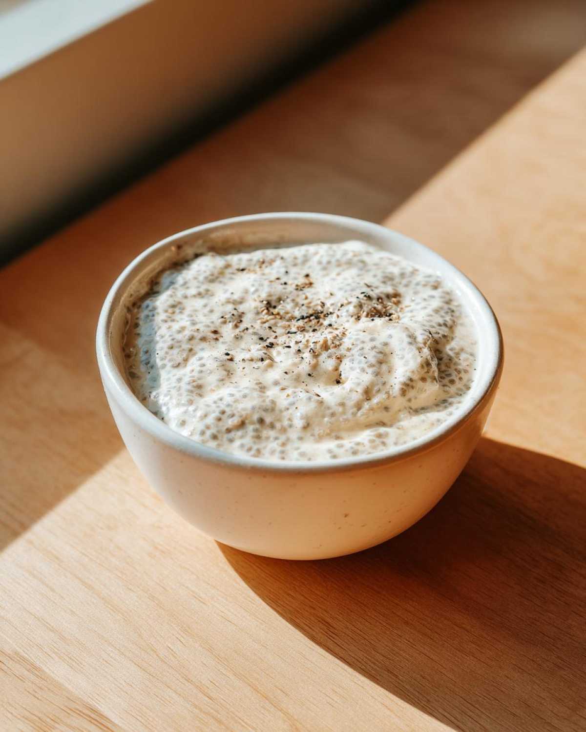Close-up of creamy Chia Seed Pudding topped with dark spices in a small white bowl on a wooden surface.