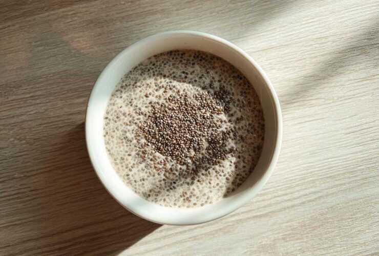 Overhead view of a white bowl filled with creamy Chia Seed Pudding, topped with extra chia seeds.