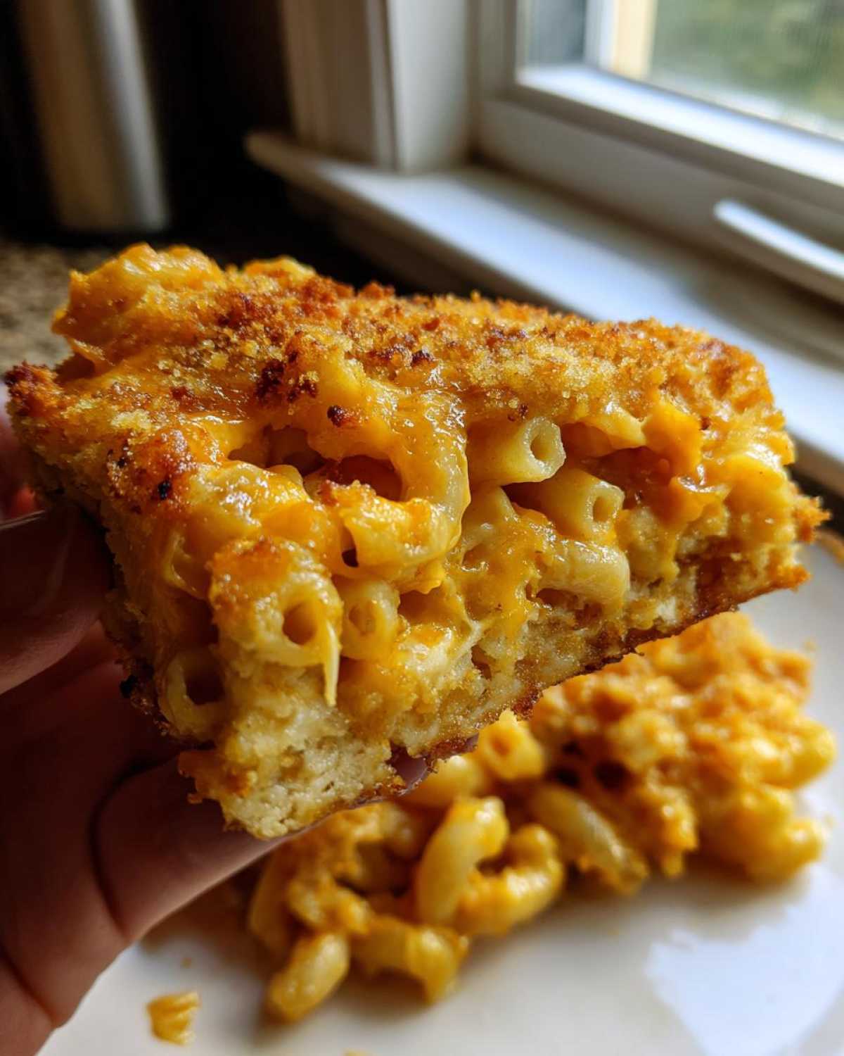 A hand holding up a thick slice of rich, cheesy Baked Mac and Cheese with a golden brown, crispy breadcrumb topping.