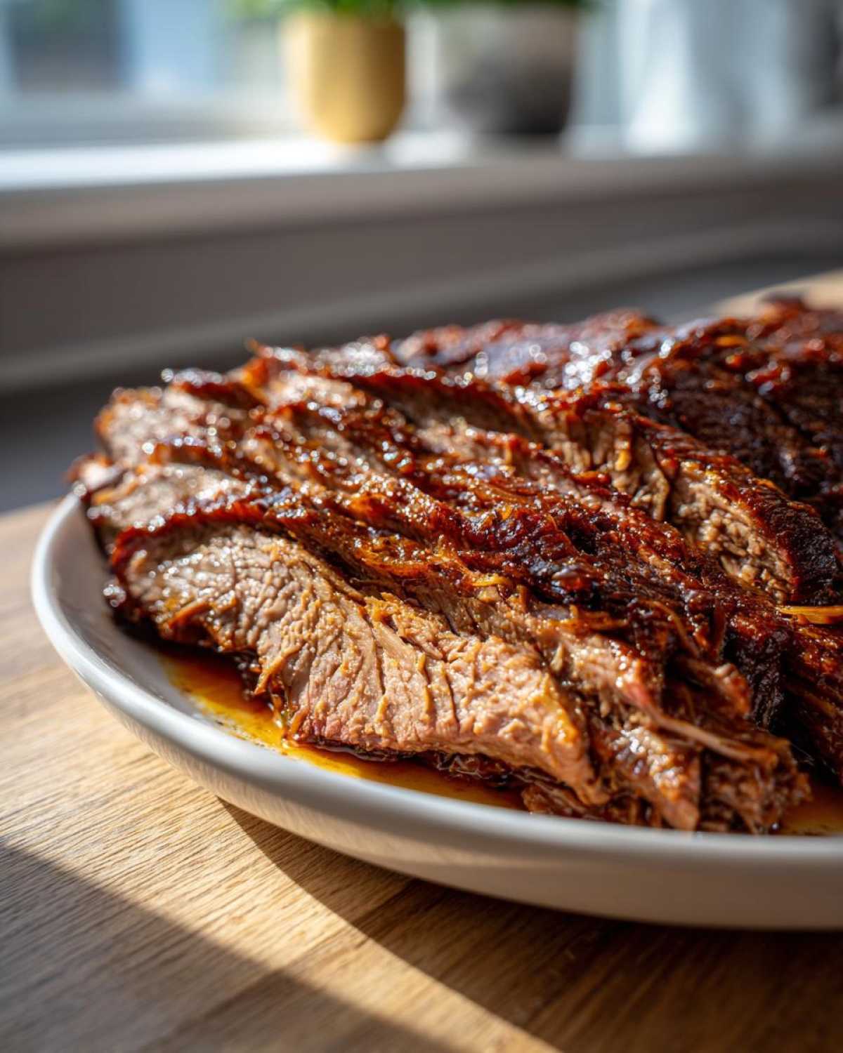 Close-up of tender, sliced Brisket in Slow Cooker, glistening with sauce, served on a white platter.