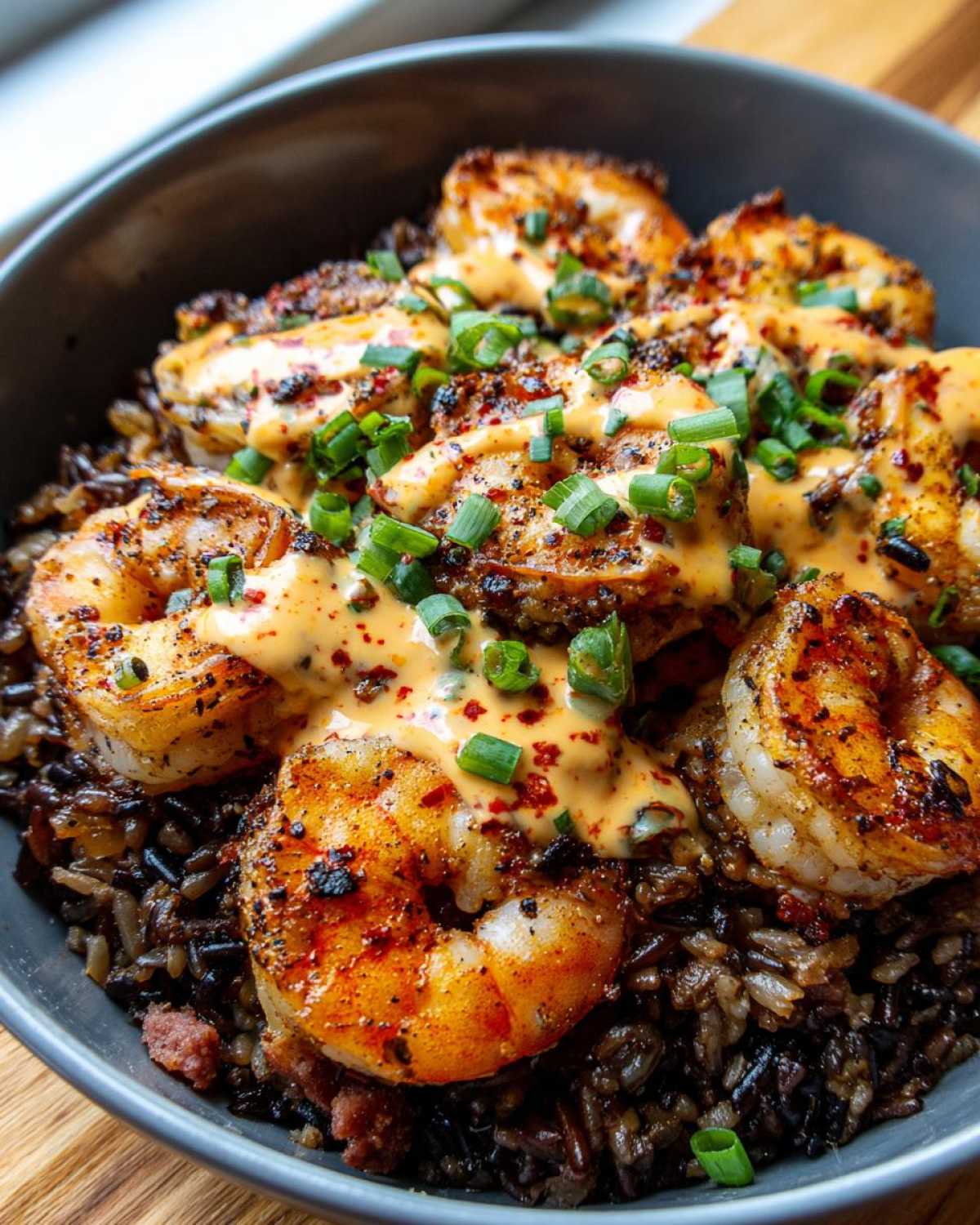Close-up of a Spicy Cajun Shrimp & Rice Bowl featuring blackened shrimp topped with creamy sauce and green onions over dark rice.