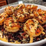 Close-up of a Spicy Cajun Shrimp & Rice Bowl featuring seared shrimp over dark rice and creamy sauce.