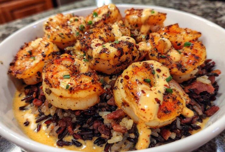 Close-up of a Spicy Cajun Shrimp & Rice Bowl featuring seared shrimp over dark rice and creamy sauce.