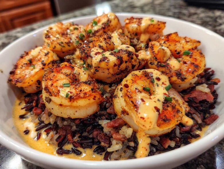 Close-up of a Spicy Cajun Shrimp & Rice Bowl featuring seared shrimp over dark rice and creamy sauce.