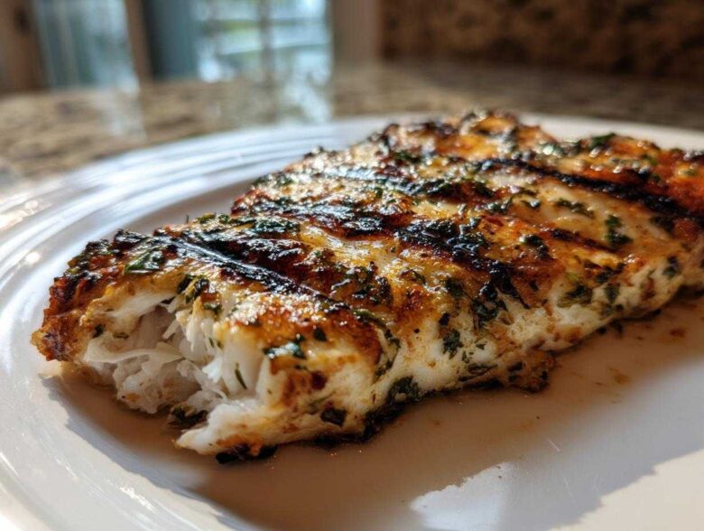 Close-up of a flaky, grilled tilapia fillet seasoned with herbs, showing distinct grill marks.