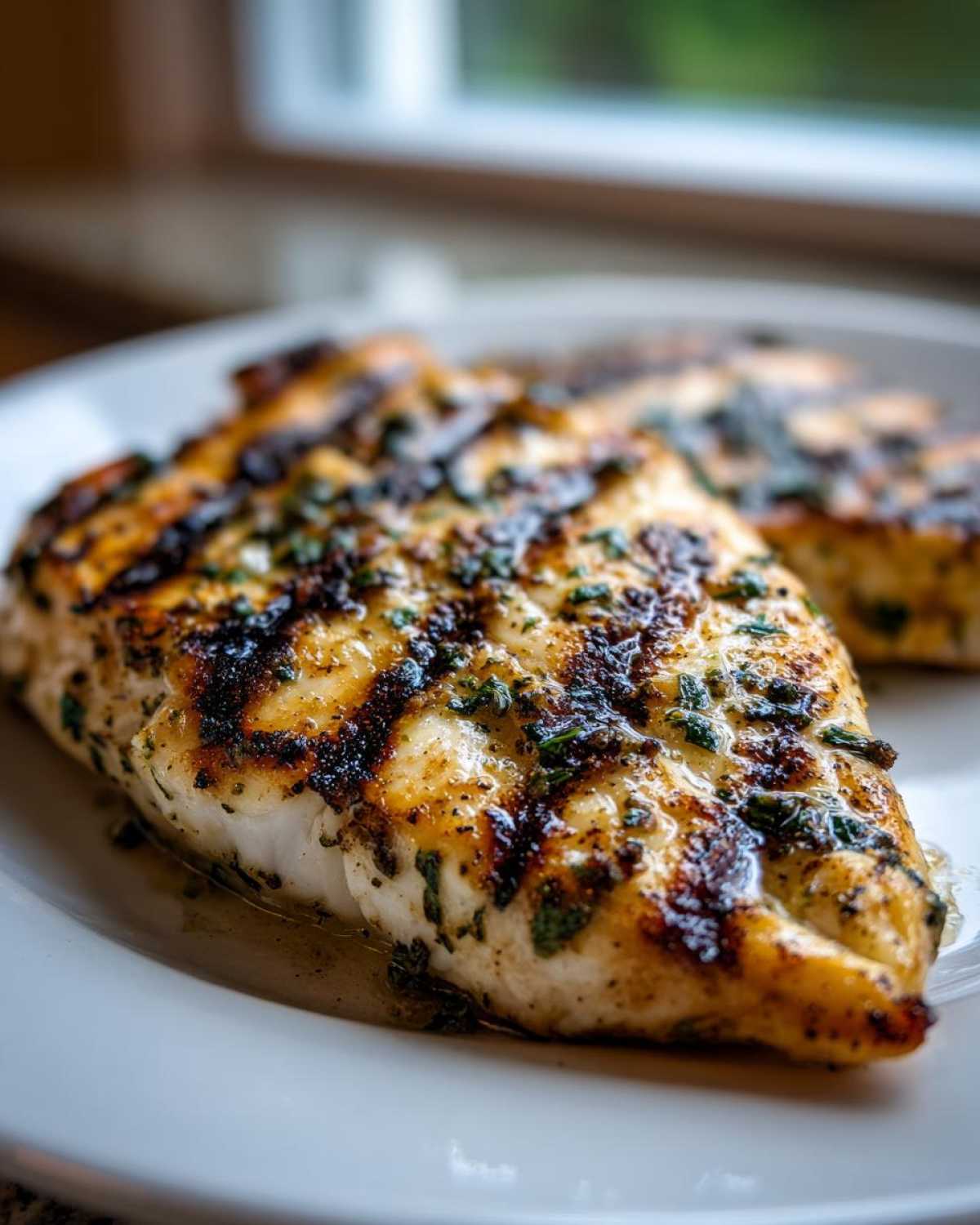 Close-up of a perfectly grilled fillet of Spicy Garlic Herb Grilled Tilapia with visible char marks and herbs.
