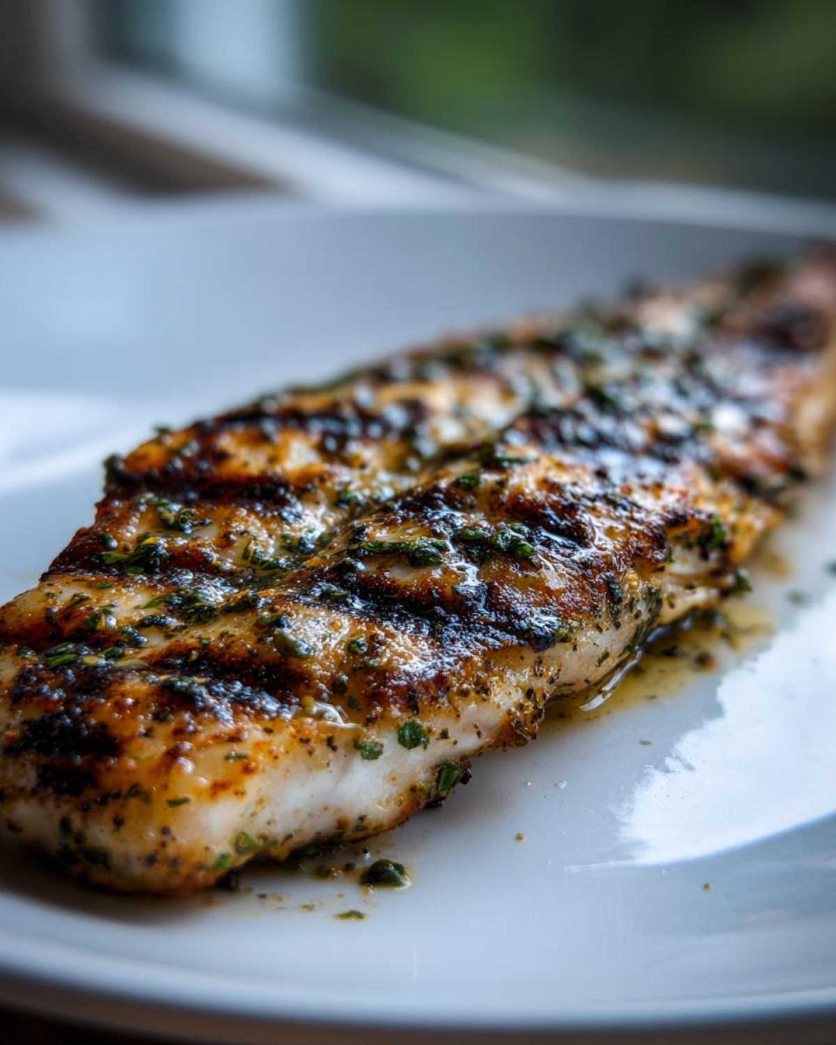 Close-up of a perfectly grilled Spicy Garlic Herb Grilled Tilapia fillet with visible char marks and herb coating on a white plate.