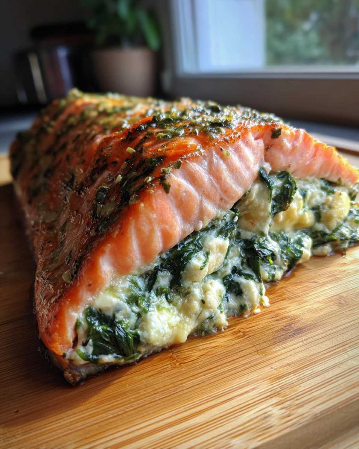 A close-up view of a perfectly baked Spinach Stuffed Salmon fillet, sliced to show the creamy spinach and cheese filling.