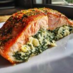 Close-up of a perfectly cooked Spinach Stuffed Salmon fillet, showing the golden crust and creamy spinach filling.