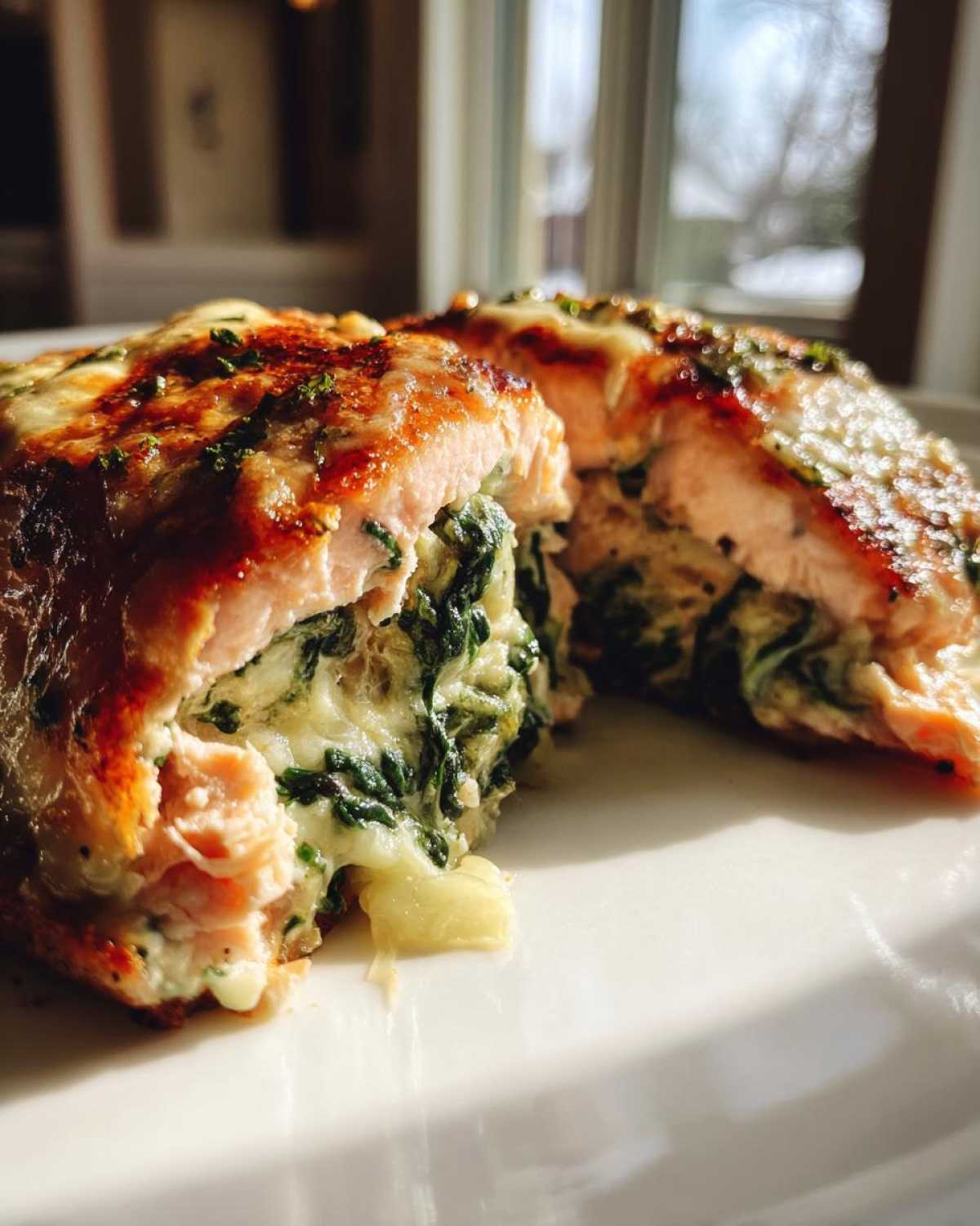 Cross-section view of a perfectly cooked Spinach Stuffed Salmon fillet, showing creamy filling.
