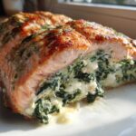A close-up, cross-section view of a perfectly baked Spinach Stuffed Salmon fillet showing the creamy green spinach and cheese filling.