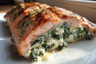 A close-up, cross-section view of a perfectly baked Spinach Stuffed Salmon fillet showing the creamy green spinach and cheese filling.