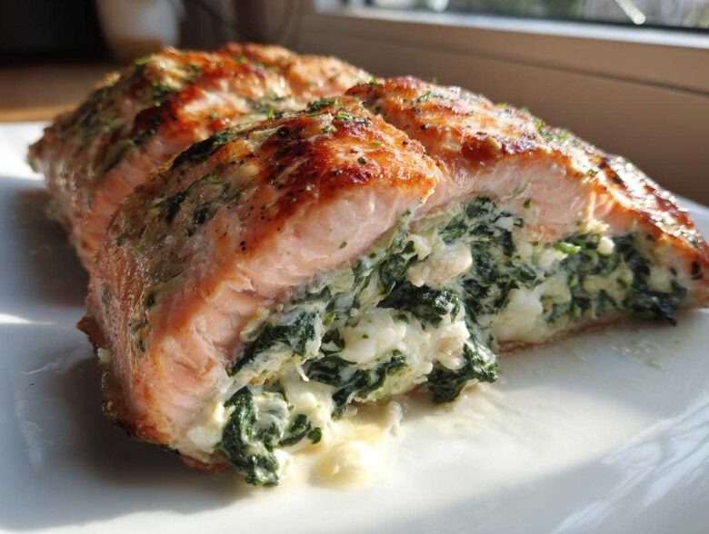 A close-up, cross-section view of a perfectly baked Spinach Stuffed Salmon fillet showing the creamy green spinach and cheese filling.