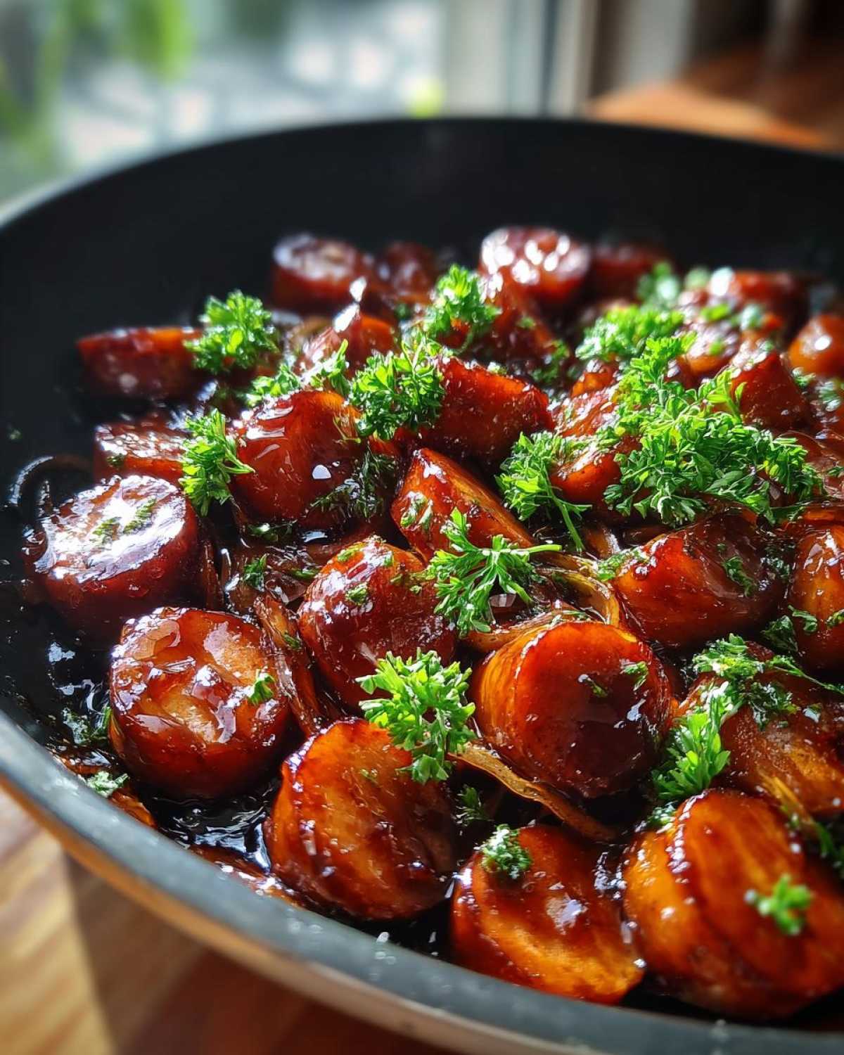 Close-up of glazed sausage slices coated in sticky sauce, garnished with parsley, ready for Sticky Honey Garlic Sausage Pasta Skillet.
